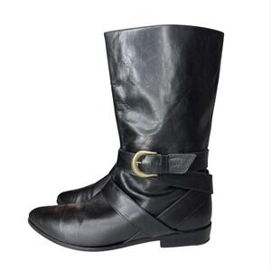 Vintage 80's Black Leather Vaneli  Boots Size 8 Made in Italy Goth Buckle Mid